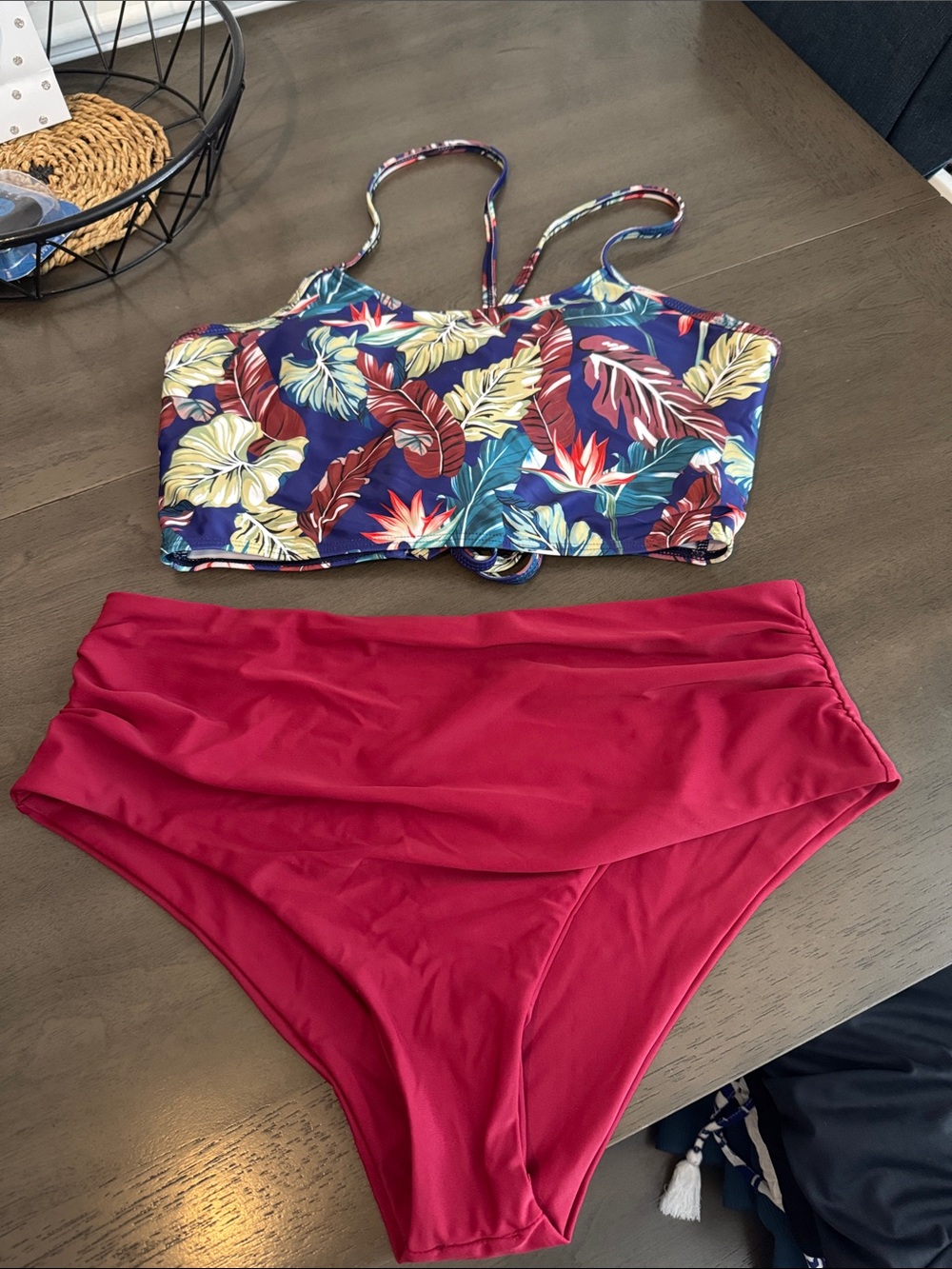 Zaful Tropical Floral Navy Crop Bikini Top with Red High-Waist Bottoms